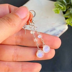Moonstone Earrings Long Dangle Sterling Silver Gemstone rainbow Moonstone